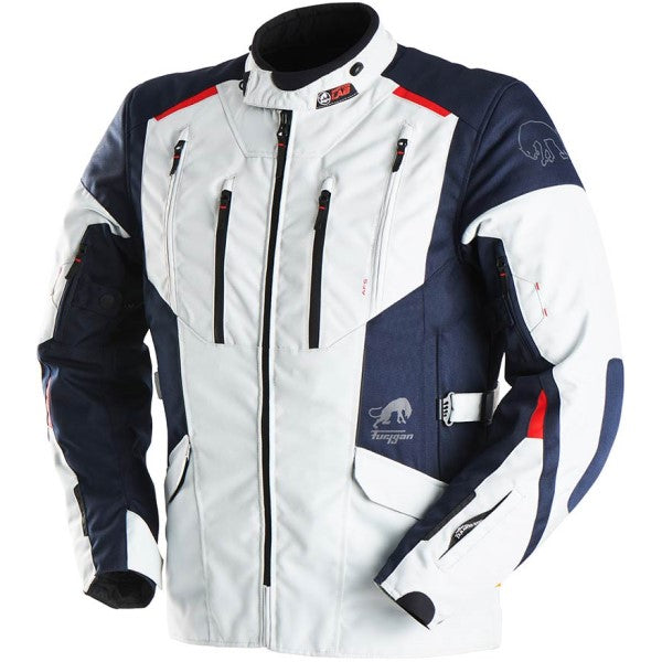 Manteau de Moto Brooks Blanc/Bleu incliné de face