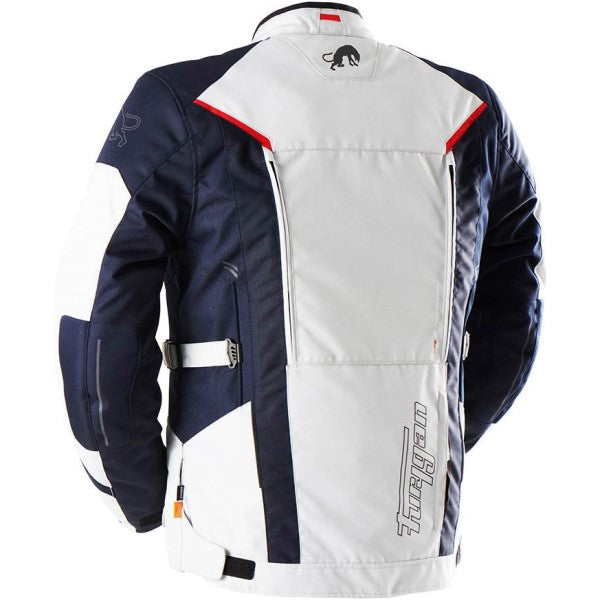 Manteau de Moto Brooks Blanc/Bleu incliné de dos