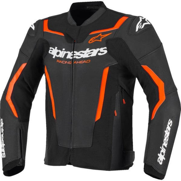 Manteau de Moto GP Force V2 en Cuir Noir/Orange, de face