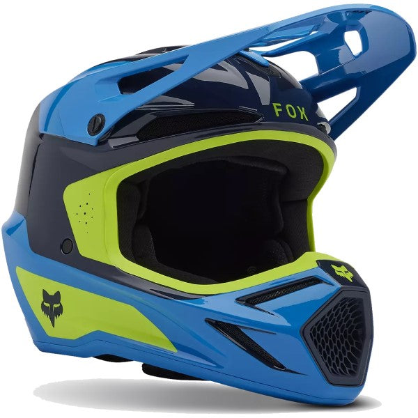 Casque de Motocross V3 Impression Junior Bleu/Jaune incliné de gauche