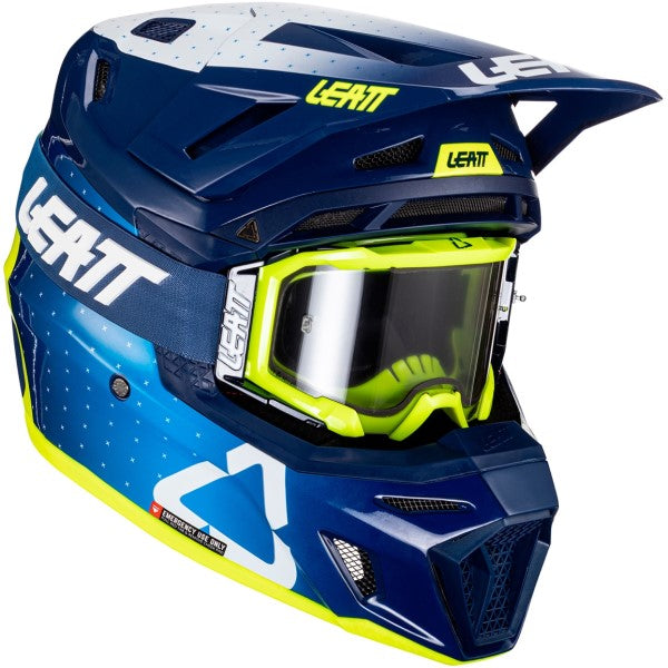 Casque de Motocross 8.5 avec Lunettes Bleu/Jaune incliné de gauche