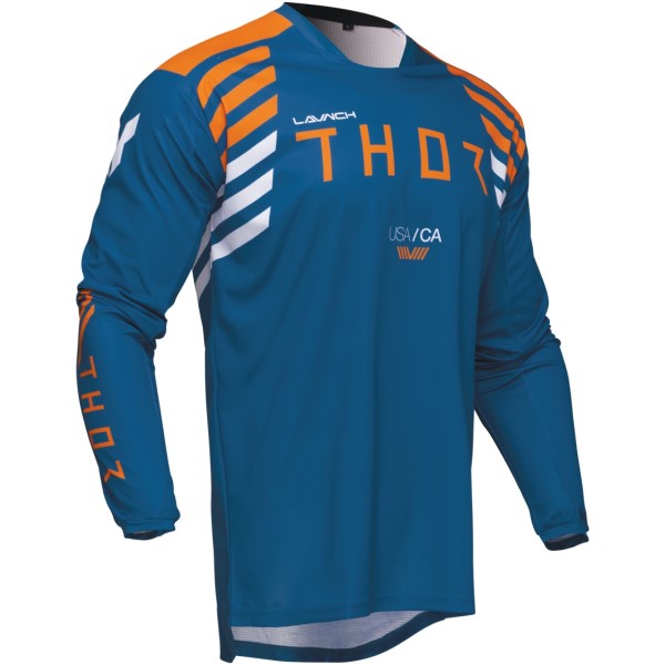 Chandail de Motocross Launchmode Zone Bleu/Orange incliné de face à gauche