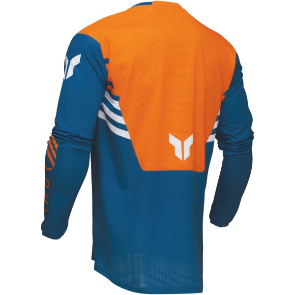 Chandail de Motocross Launchmode Zone Bleu/Orange incliné de dos à gauche