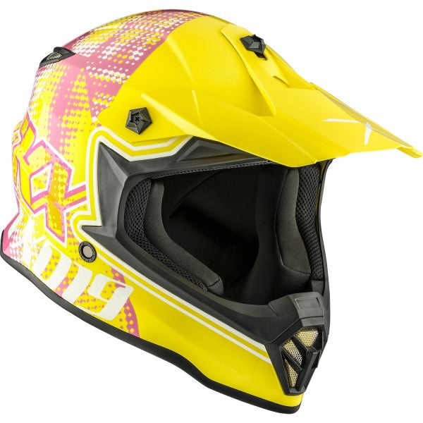 Casque de Motocross TX019Y Gleam Junior Jaune/Rose incliné de gauche