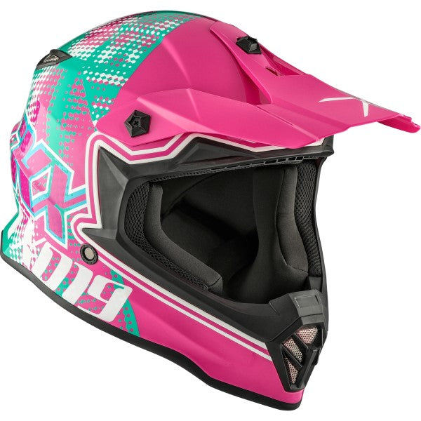 Casque de Motocross TX019Y Gleam Junior Rose/Vert incliné de gauche