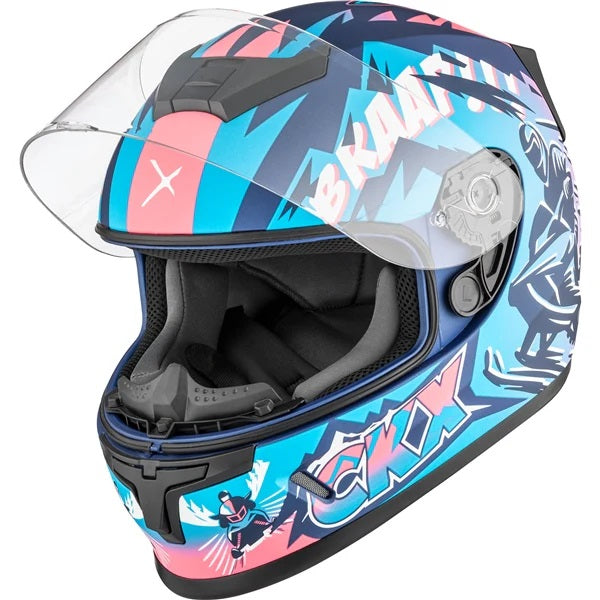 Casque Intégral de Motoneige RR24Y Sleeder Junior Bleu/Multicolore de droite avec visière double ouverte