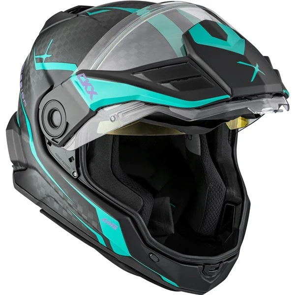 Casque Intégral de Motoneige Mission Carbone Fury Noir/Bleu visière ouverte de face