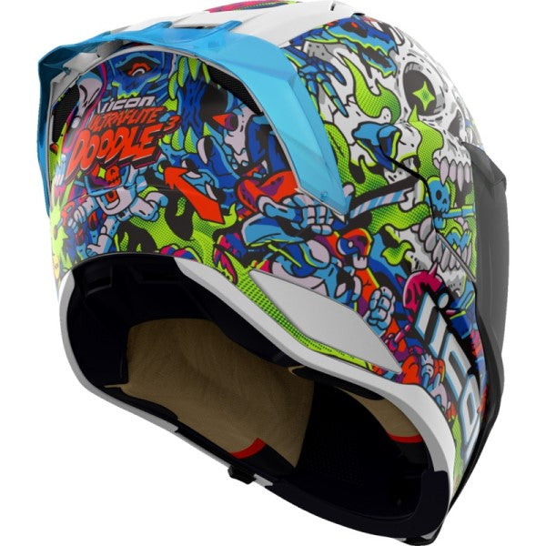 Casque Intégral de Moto Ultraflite Doodle 3 Blanc/Multicolore incliné de dos