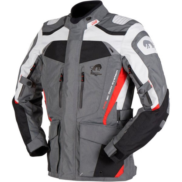 Manteau de Moto Apalaches Noir/Gris/Rouge incliné de face