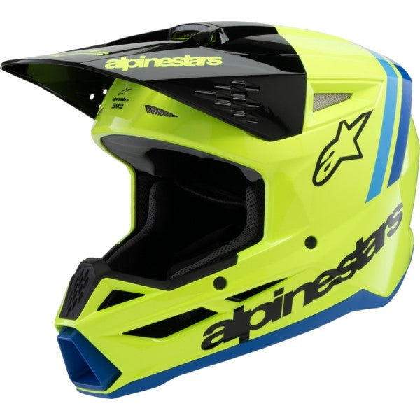 Casque de Motocross Supertech M3 Radium Junior Jaune/Bleu incliné de face