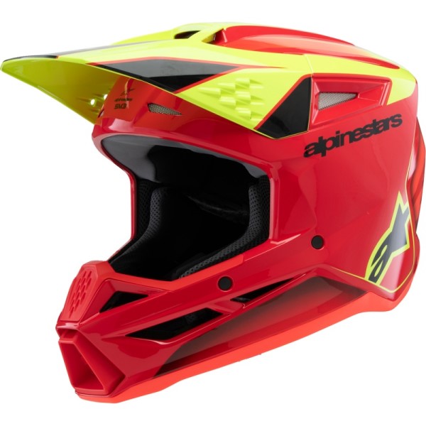 Casque de Motocross Supertech M3 Fray Junior Rouge/Jaune incliné de face