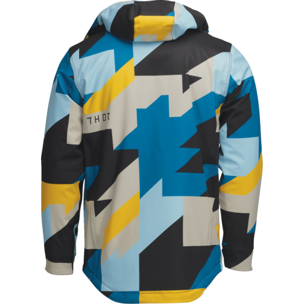 Manteau Tour Thor noir bleu et jaune, de dos