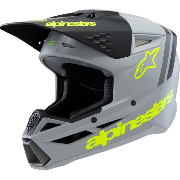 Casque de Motocross Supertech M3 Radium Junior Gris/Jaune incliné de face