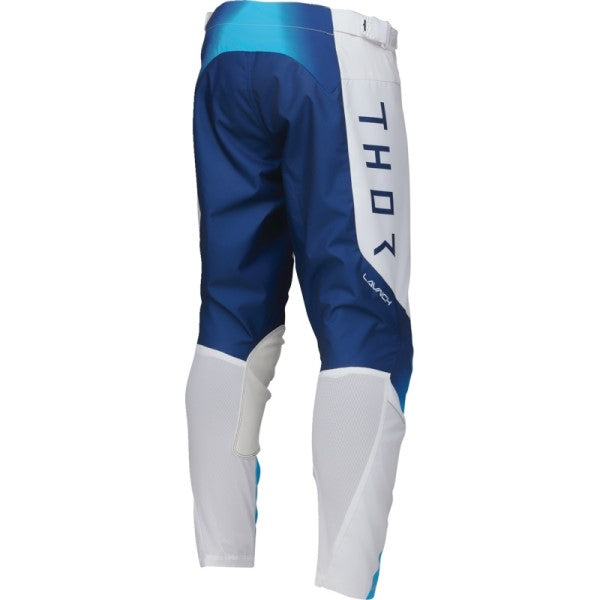 Pantalon de Motocross Launchmode Storm Blanc/Bleu incliné de dos à droite