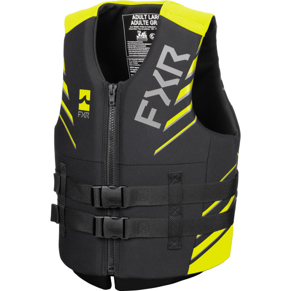 Gilet de Sauvetage Podium FXR haute visibilité et noir, de face