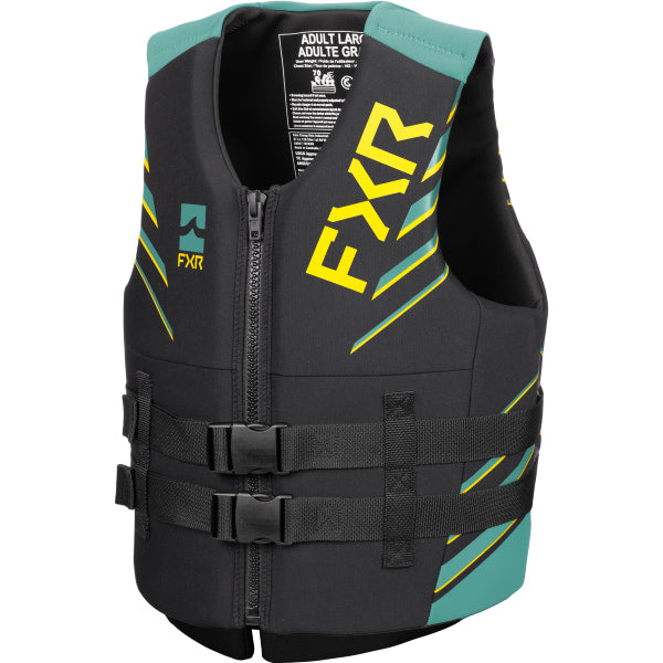 Gilet de Sauvetage Podium FXR noir et bleu, de face