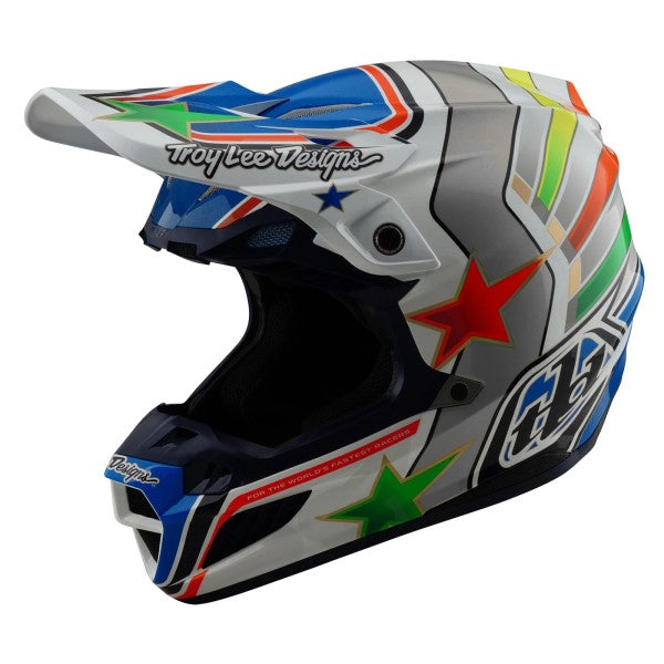 Casque de Motocross SE5 Composite Rays MIPS Troy Lee Designs blanc et bleu, de 3/4