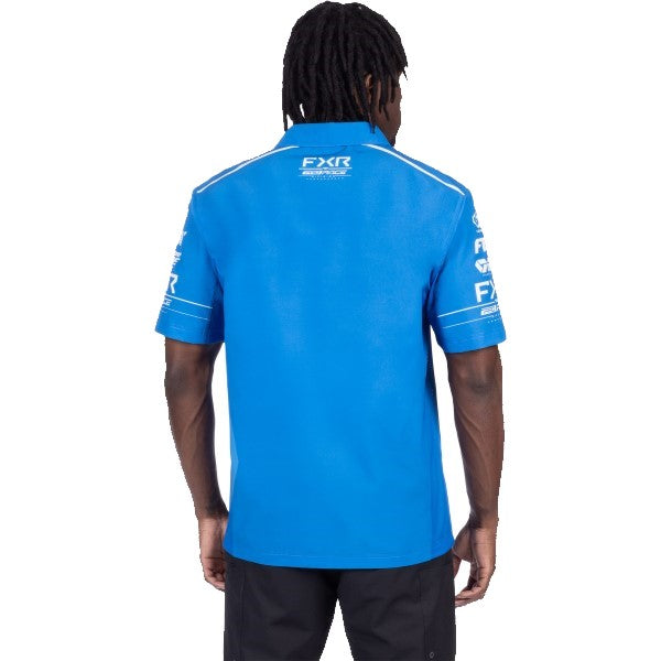 Polo Race Div Performance UPF FXR bleu et blanc, de dos