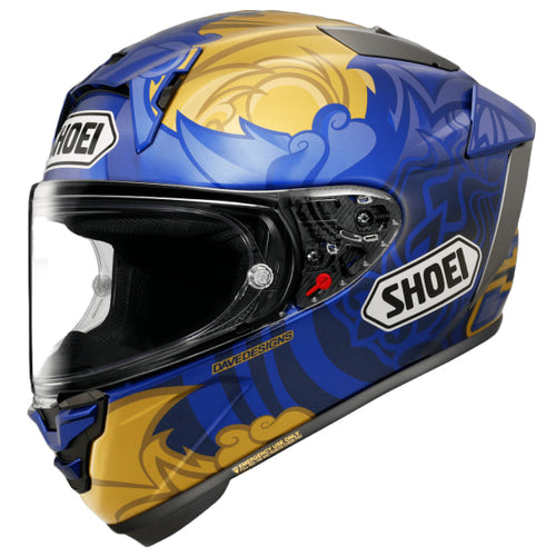 Casque Intégral de Moto X-Fifteen Marquez Thai Shoei bleu et jaune, de 3/4