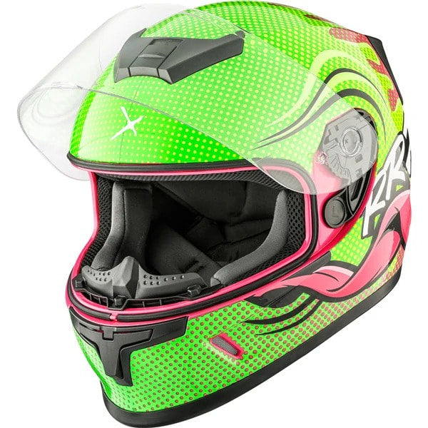 Casque Intégral de Moto RR24Y Gecko Junior Vert Rose, ouvert