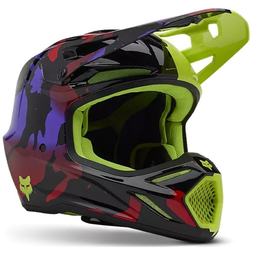 Casque de Motocross V3 Throttle Fox jaune et multicolore, de 3/4