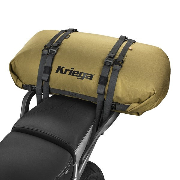 Sac Imperméable de Moto Rollpack-40 Kaki attaché au siège incliné de face