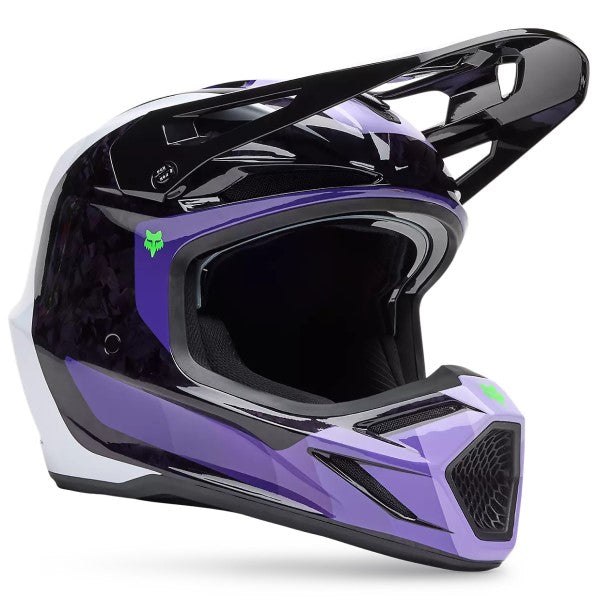 Casque de Motocross V3 RS Grid Carbone MIPS Fox noir et mauve, de 3/4