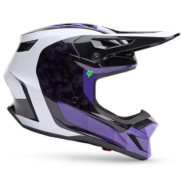Casque de Motocross V3 RS Grid Carbone MIPS Fox noir et mauve, de côté