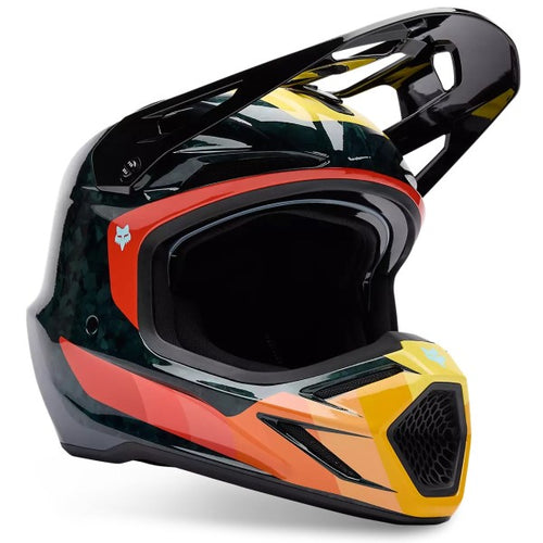 Casque de Motocross V3 RS Grid Carbone MIPS Fox noir et orange, de 3/4