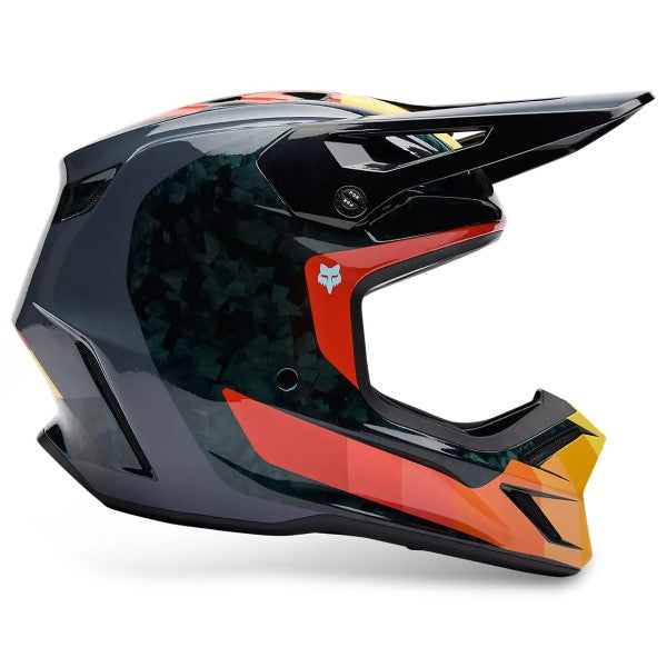Casque de Motocross V3 RS Grid Carbone MIPS Fox noir et orange, de côté