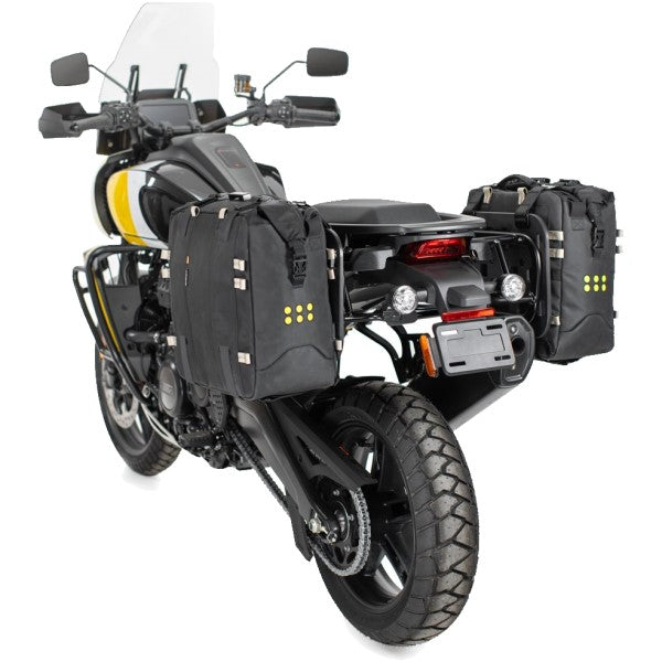 Support pour plateforme de siège de moto Harley-Davidson Pan America installé avec sacs souples deux côtés