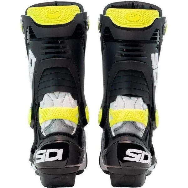 Bottes de Moto Rex Noir/Blanc/Jaune en paire de dos