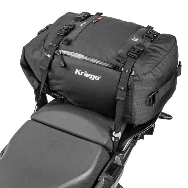 Sac Imperméable de Moto US-30 Noir attaché sur le siège incliné de dos